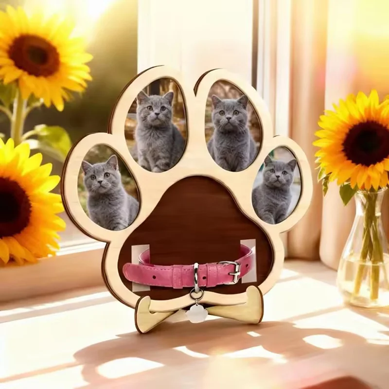 Wooden Pet Paw Shape Photo Frame Dog Cat Collar Holder Memorial Keepsake Picture Collage Display Stand Remembrance Gift