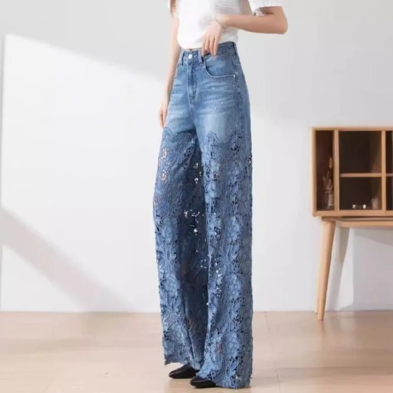 

Женские джинсы в стиле дизайна с завышенной талией, широкими штанинами и кружевной строчкой, универсальным темпераментом на весну и лето