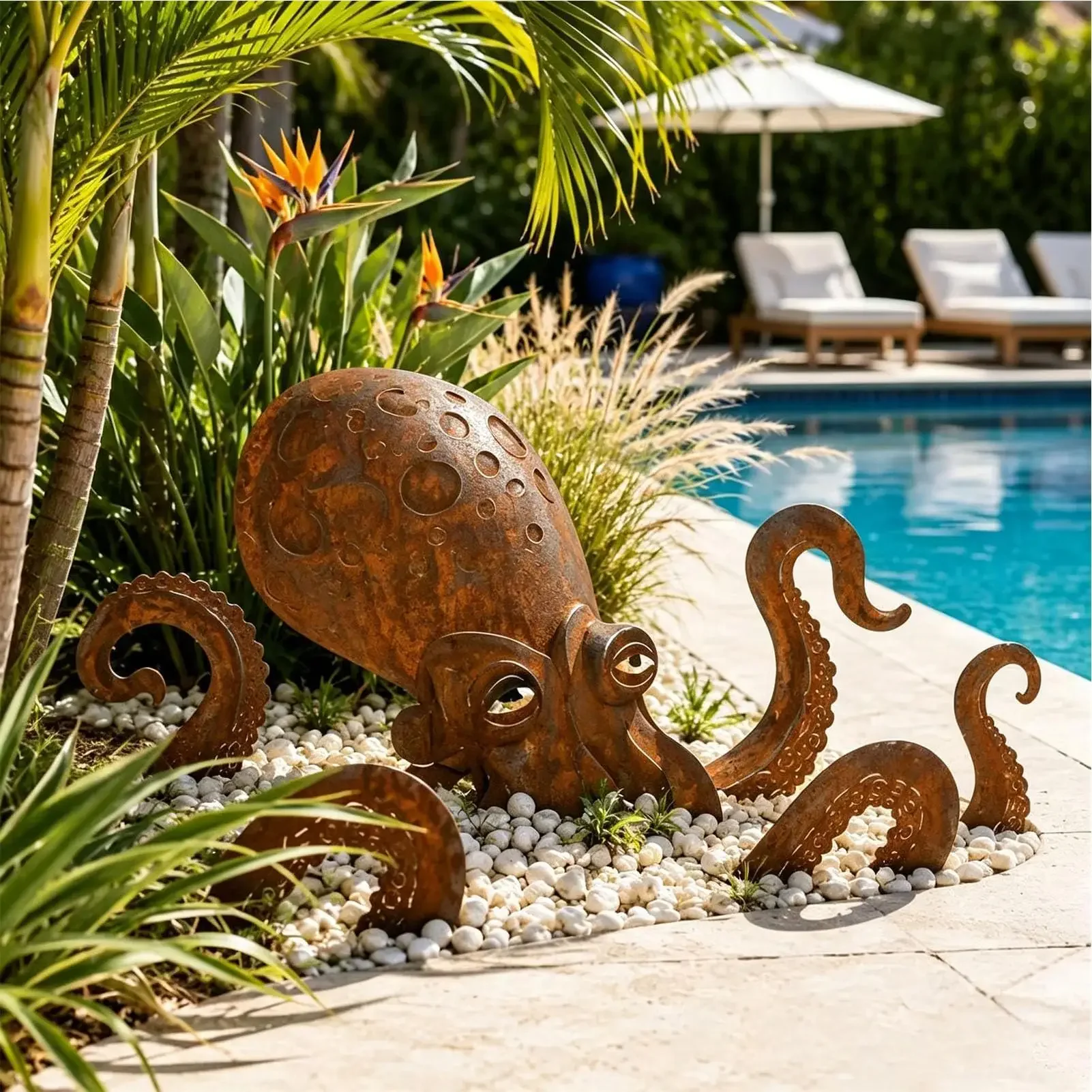 Octopus Statue Vintage Iron Squid Sculpture Figurine Coastal Art Giant Rust Octopus for Outdoor Lawn Pathway Park Backyard Patio