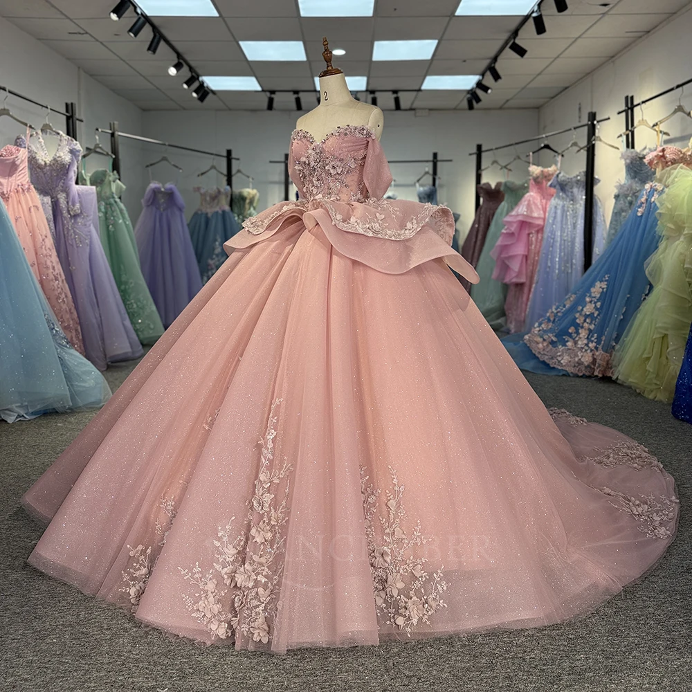 Rose princesse robe de bal Quinceanera robes vestido de 15 quinceañera scintillant 3D fleur dentelle à plusieurs niveaux fête d'anniversaire personnalisé