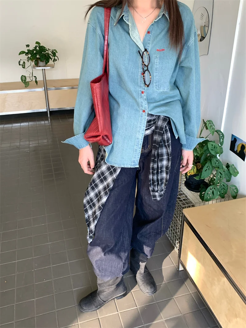 

Denim Coats Ladies Womens Fall Ribbed Double-Faced Standneck Snap Button Sportswear Waistband Wide Outcoats Embroidered Jackets