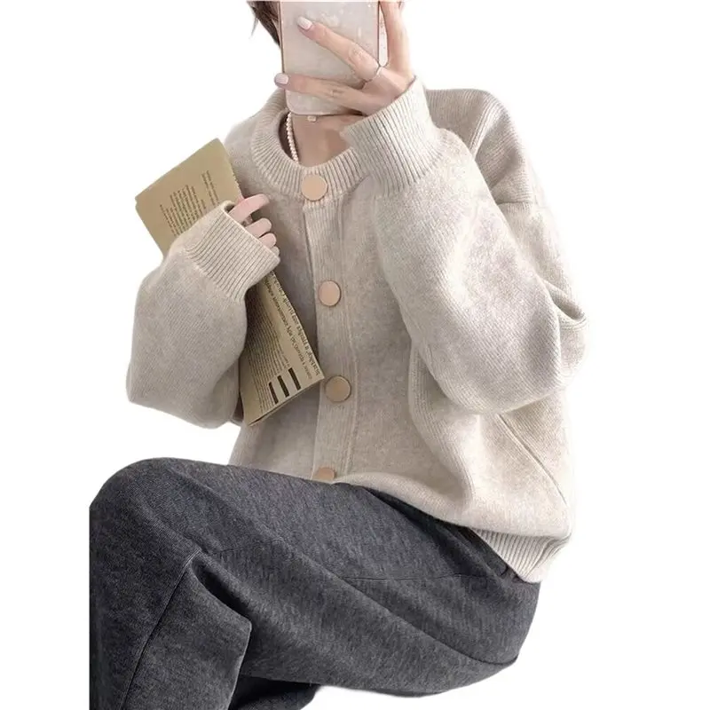 

IALJ-Женские свитера-кардиганы, повседневная легкая осенняя верхняя одежда на пуговицах с длинными рукавами и круглым вырезом большого размера