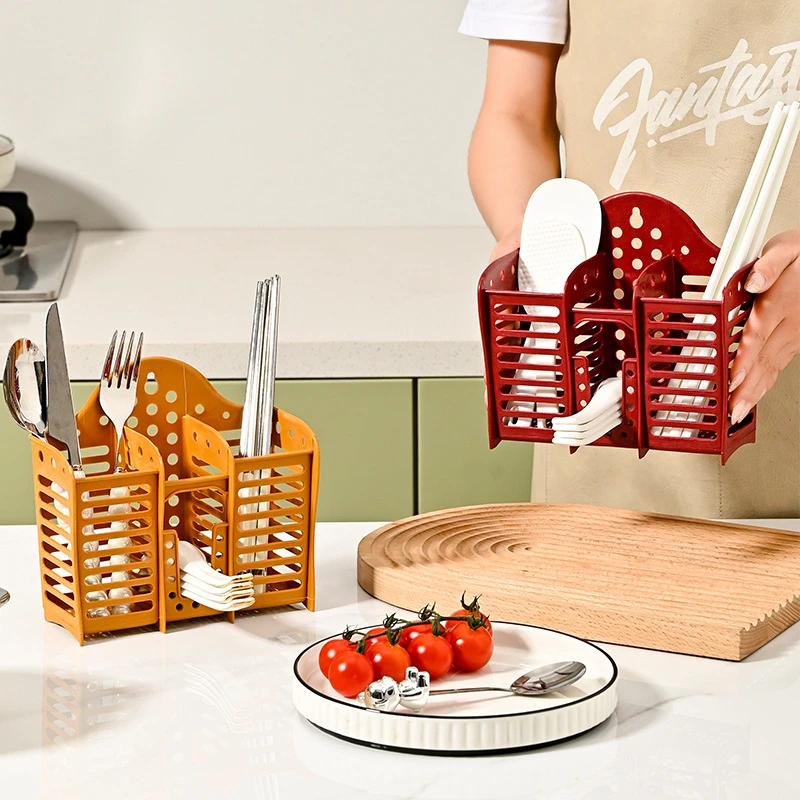 

Simple Hollow Chopsticks Cage Wall-mounted Tableware Storage Box Plastic Drain Rack Compartment Spoon Holder Kitchen Utensils