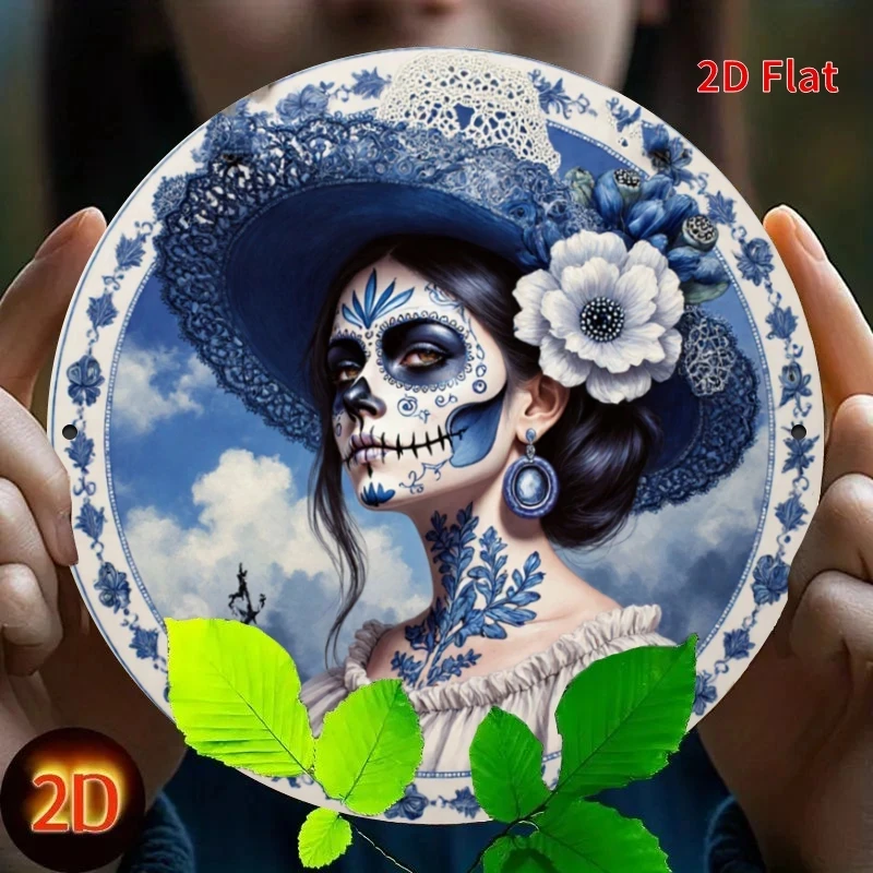 Hd Tin Sign, La Catrina Sugar Skull Round Metal Wall Art, Day of the Dead Decoration