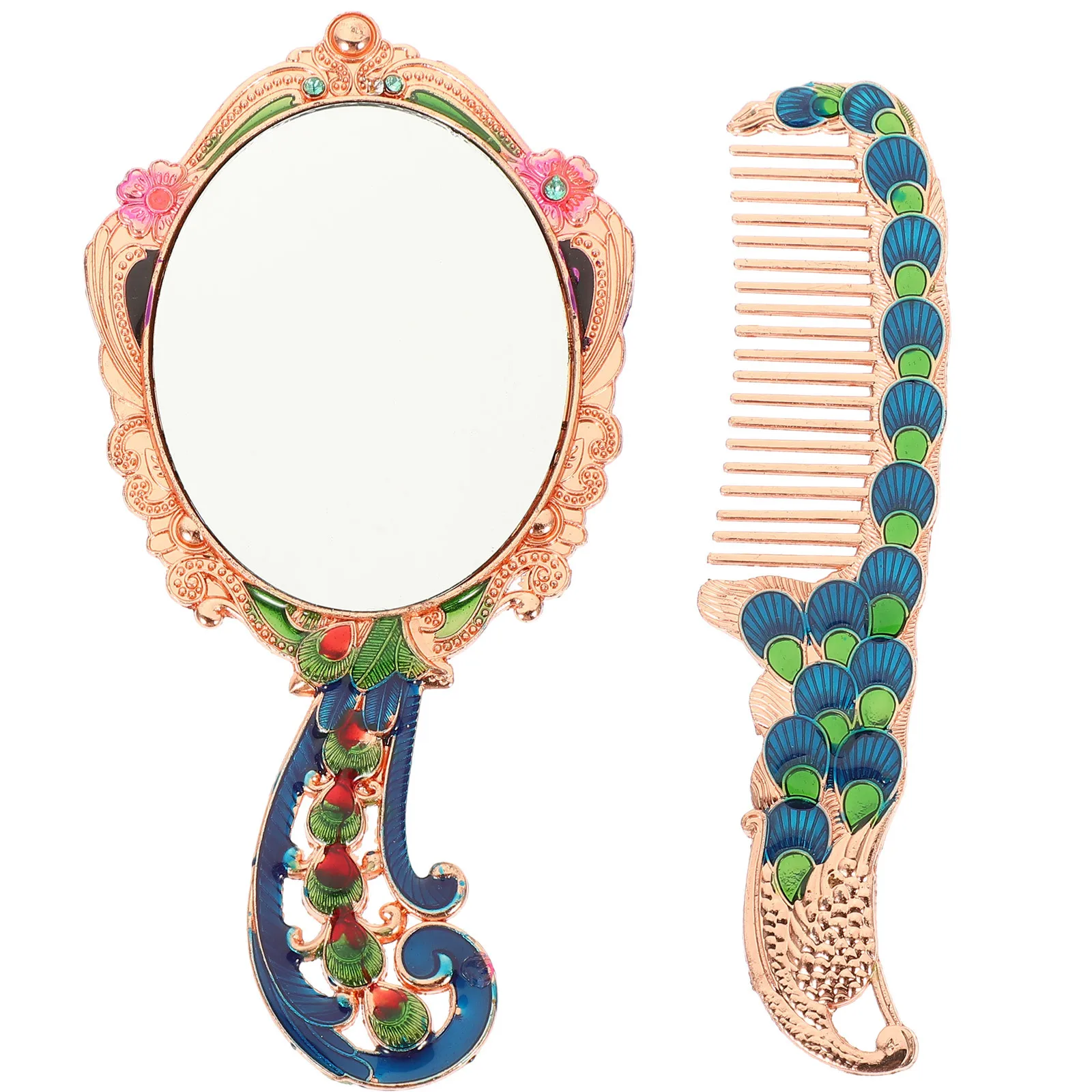 

2Pcs Retro Peacock Mirror and Comb Set Compact Portable Makeup Vanity Mini Handheld Mirror Travel Gift