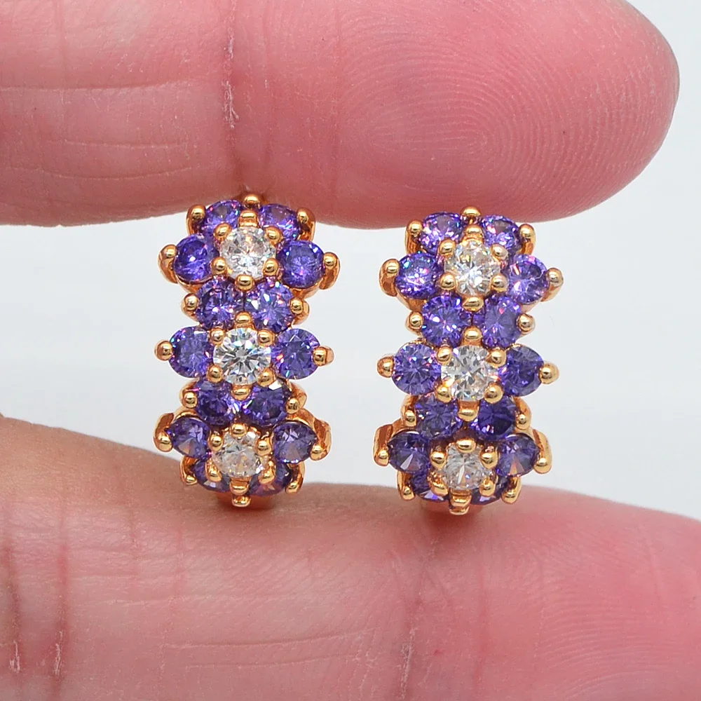 Gold Color Women Fashion Blue Cubic Zirconia CZ Flower Huggie Earrings Jewelry