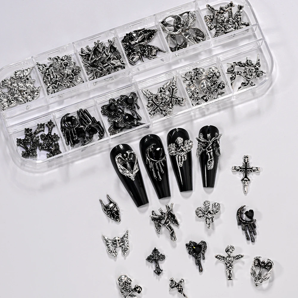 20pcs Gothic Dark Punk Angel Cross Nail Art Charms Silver Black Alloy Devil Cross Heart Wing  Nail Decorations Manicure Accessor