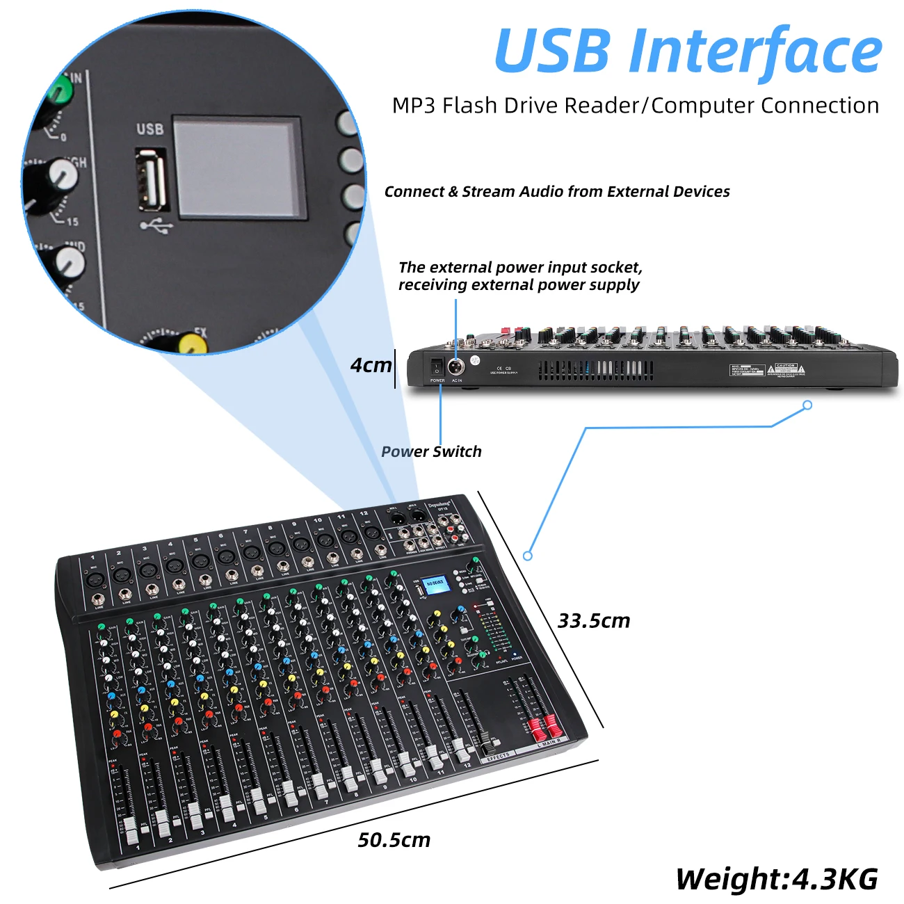 전문 오디오 사운드 믹서 Depusheng DT12 채널 블루투스 USB 48V 팬텀 믹싱 콘솔 PC DJ 앰프 가라오케
