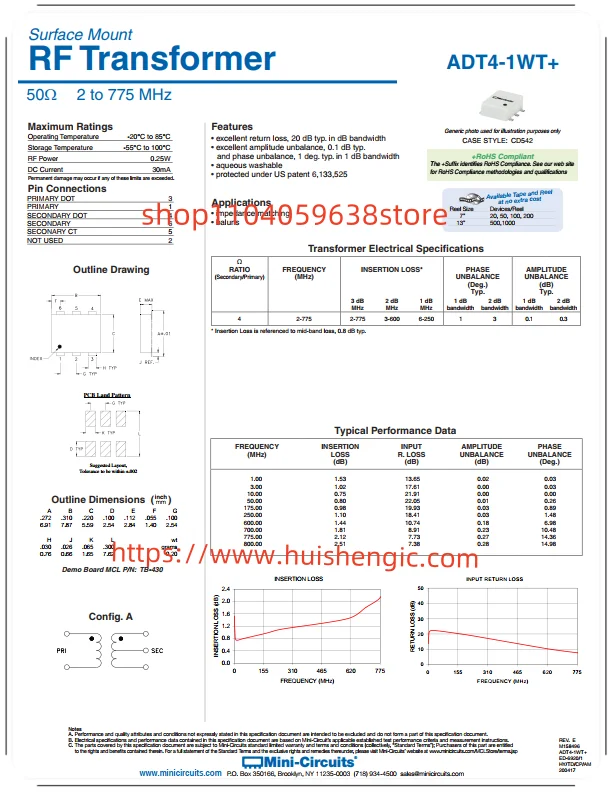 ADT4-1WT+     RF balun transformer 2MHz ~ 775MHz 1:4 6-SMD, flat leads