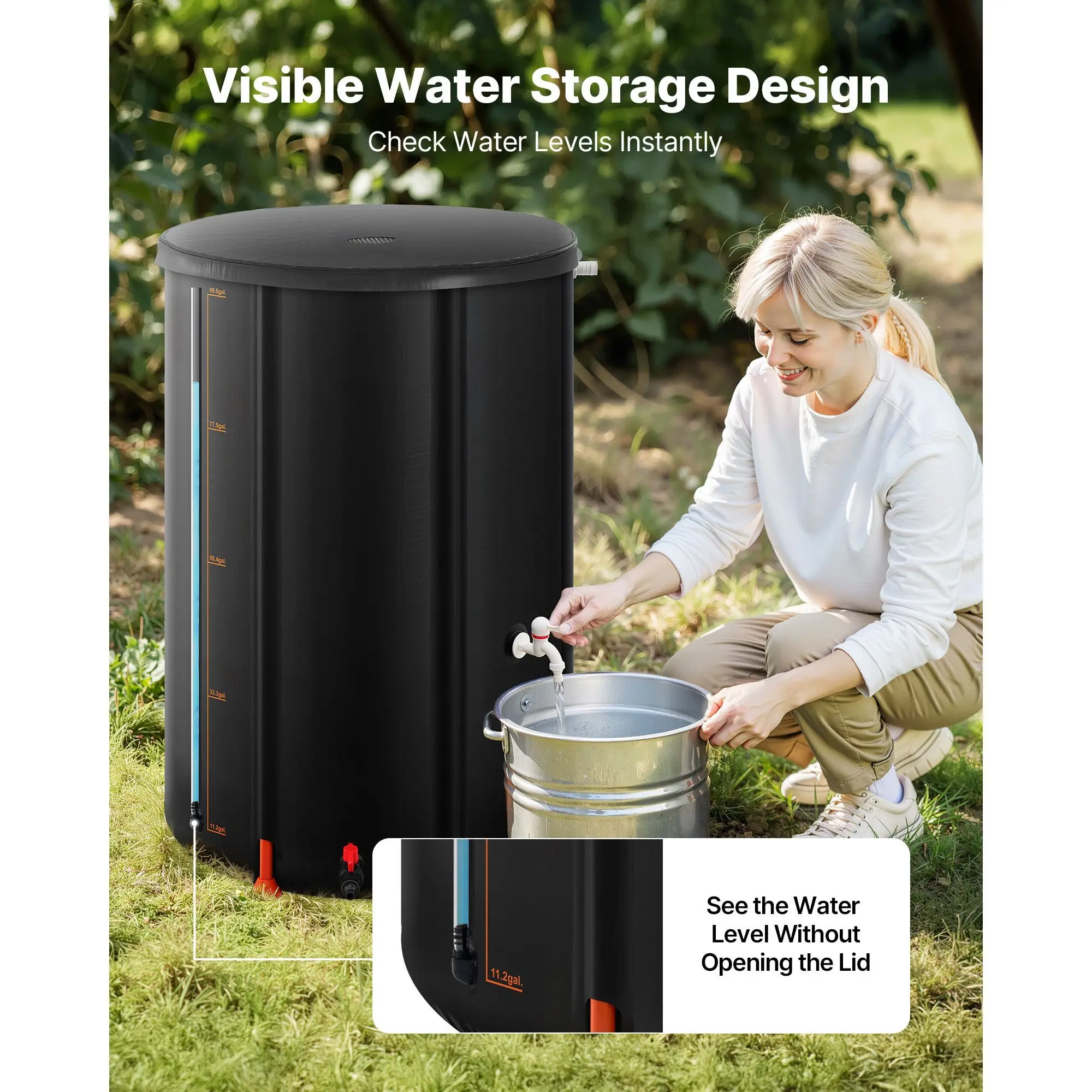 Collapsible Rain Barrel, 100 Gallon Portable Rain Water Collection Barrel, 1000D PVC Rainwater Collection System, Garden Water Catcher Tank Storage Container with Spigot & Overflow Kit, Black