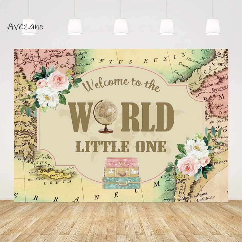 Avezano Hintergrund Fotografie Willkommen zu die Welt Abenteuer Reise Karte Baby 1st Geburtstag Party Hintergrund Foto Studio Decor