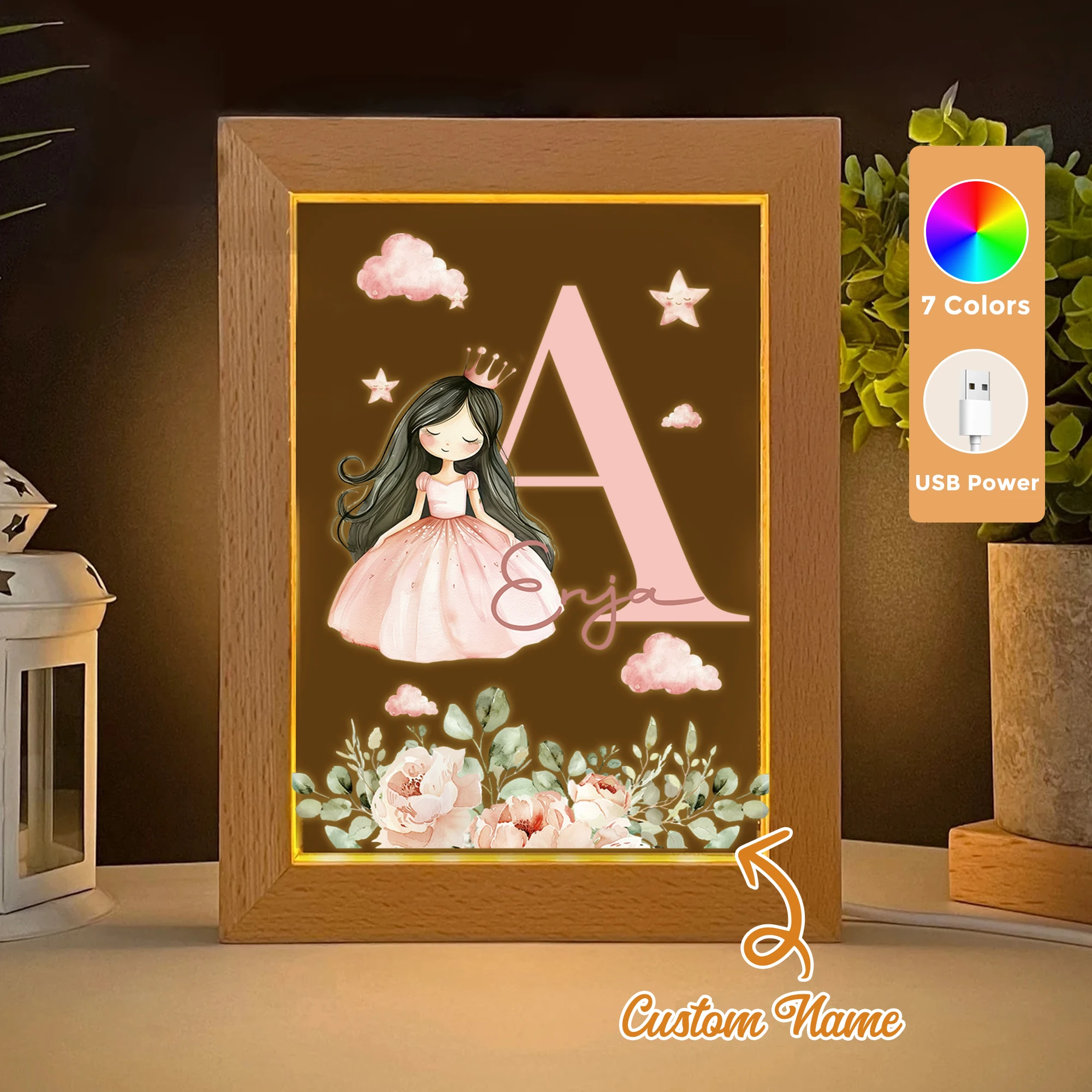 

2D Flat Custom Name Girl LED Acrylic Night Light Wood Photo Frame 21x17cm Cartoon Children Bedroom Gifts Home Decor Gift