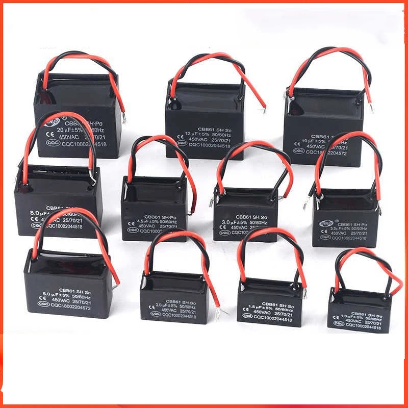Capacitor de partida de ventilador cbb61 450v 0.8/1/1.2/1.5/1.8/2/2.2/2.5/3/3.5/4/4.5/5/6/8/10/12/15/16/20/25uf para capacitor de ventilador de exaustor