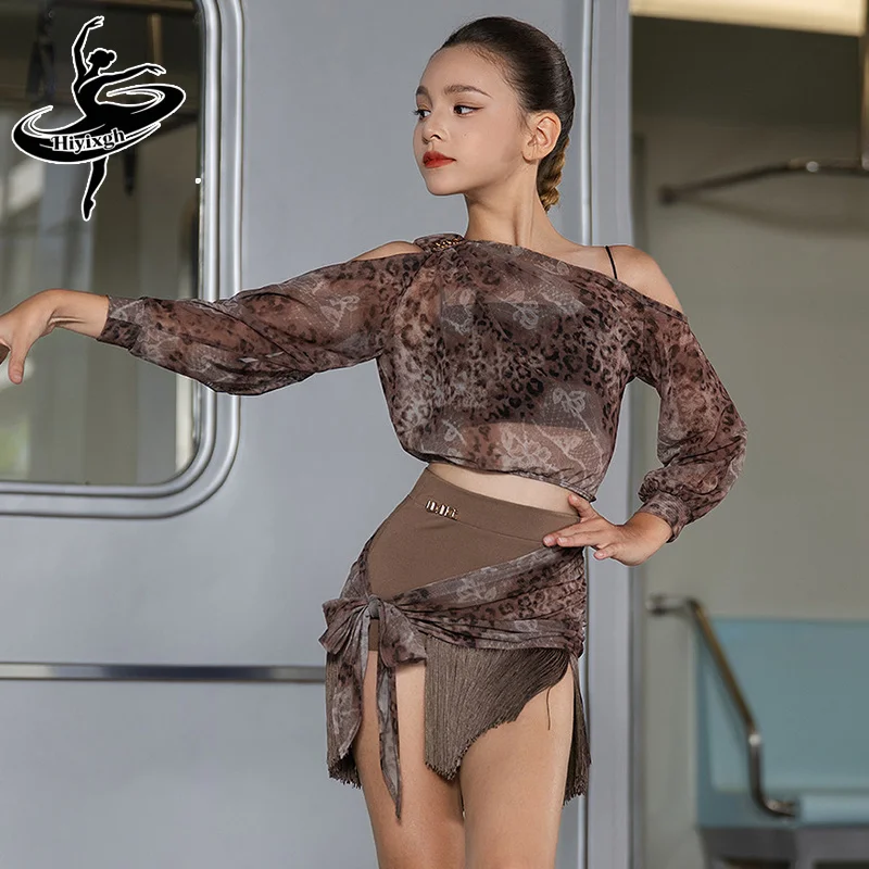 Lateinamerikanisches Tanzoutfit für Mädchen, Leopardenmuster, langärmeliges Oberteil aus Netzstoff, Fransenrock, Kinder-Salsa-Tanzkostüm, Lateinamerikanisches Performance- und Übungskostüm