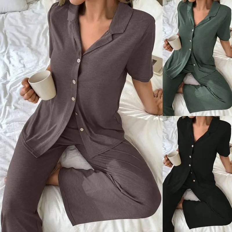1 Set Women Pajama Set, Minimalist Solid Style, Rayon Short Sleeve Open Front Top & Long Pants Loungewear, For Home Wear Outdoor