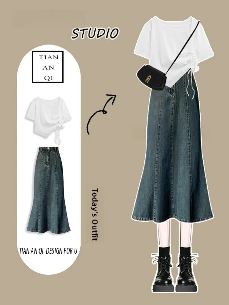 Été romantique Vintage ort Sve jupe en jean Dr femmes T-shirt deux pièces ensemble taille haute a-ligne Fi queue robe