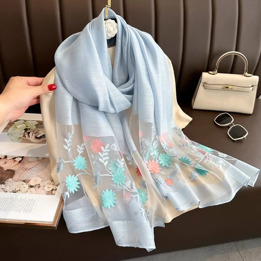 Foulard de Luxe à Fleurs Élégantes pour Femme, Hijab Doux et Fin, Grand Châle Brodé en Dentelle