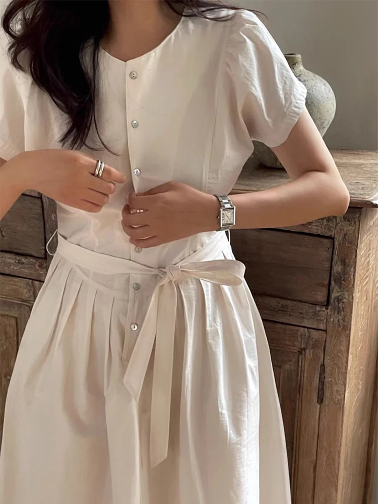 فستان صيفي أنيق بأكمام قصيرة وخصر ملفوف للتخسيس مطوي في اتجاهين وزر واحد أنيق للنساء بخصر عالٍ على الطراز الكوري #2