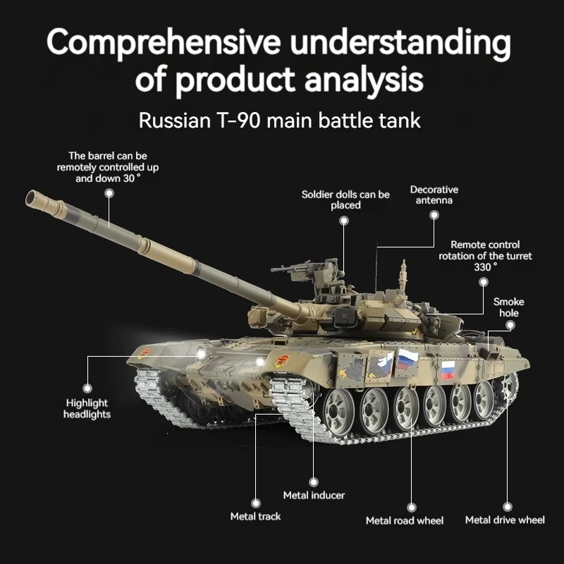 Czołg RC Henglong T90 zdalnie sterowany, duży, metalowy, elektryczny model wojskowy na gąsienicach, wielofunkcyjny pojazd bojowy terenowy, prezent