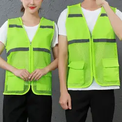 Hiking Vests See-through Loose Fit Women Men Work Vest Reflective Strip Non-fading Cardigan Volunteer Vest Coat Sports Waistcoat