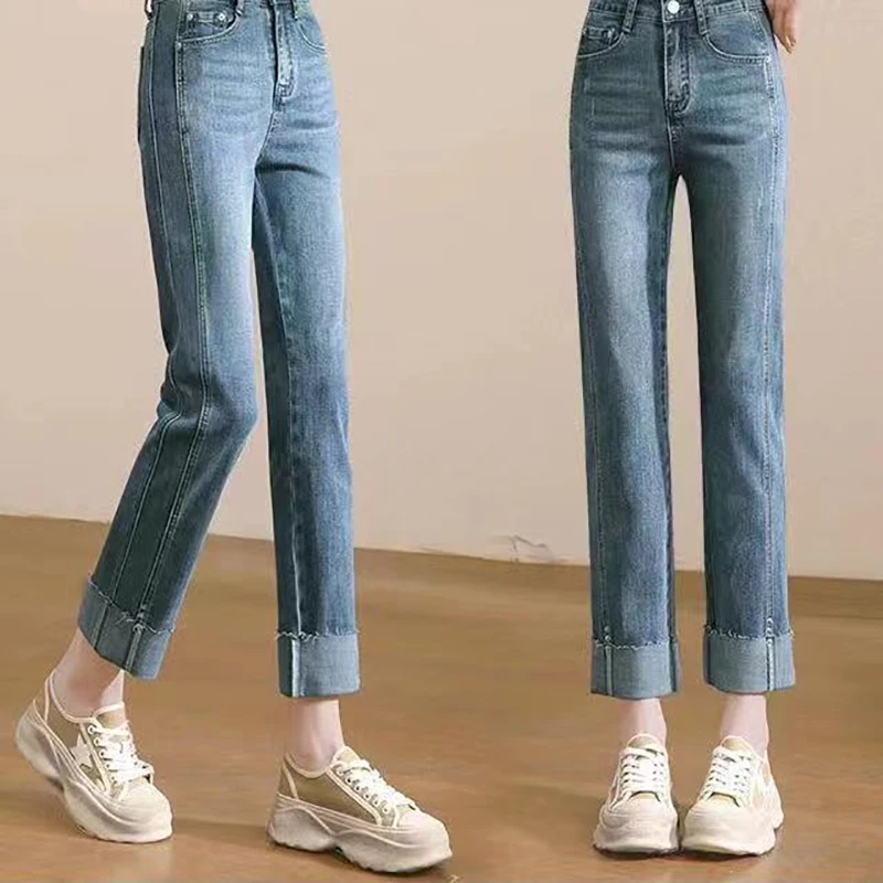 

High Waisted Straight Leg Jeans for Women Spring Autumn Slim Fit Ankle-length Denim Smoke Pipe Pant Women's Clothing Fashion