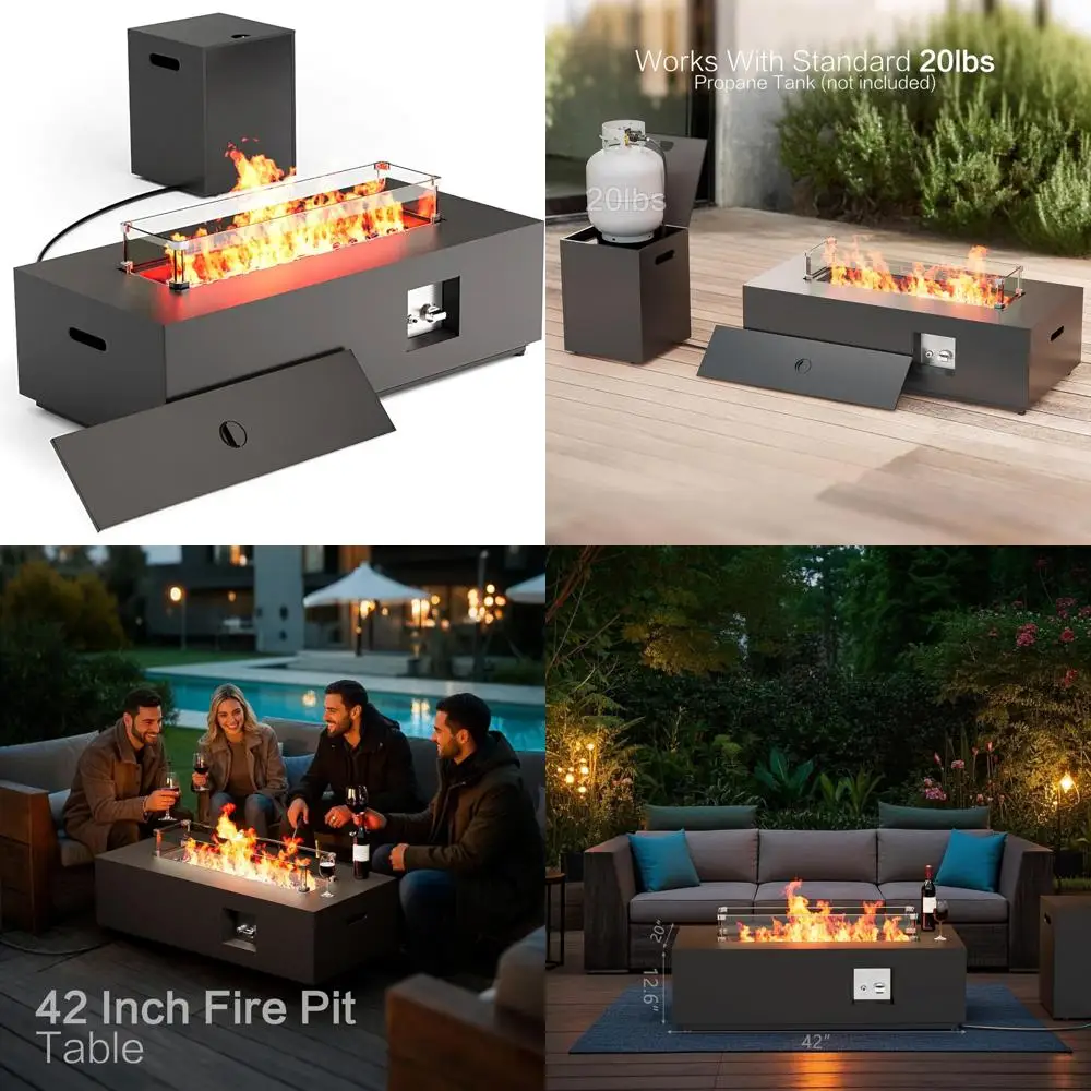 

Outdoor 42-inch Gas Fire Pit Table with 50,000 BTU, Glass Windguard, Rocks, and Waterproof Cover