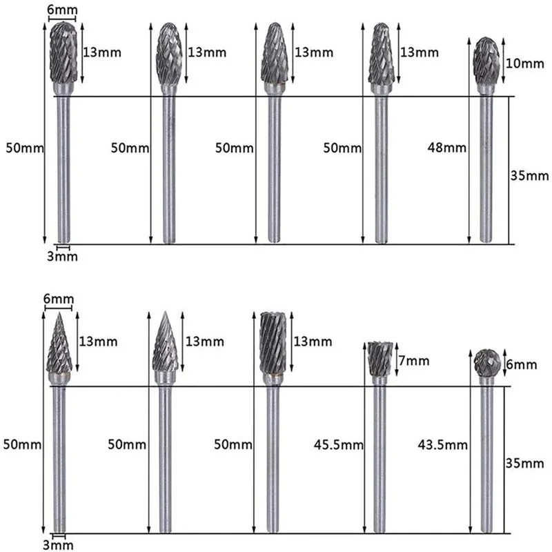 Imagem -06 - Haste de Carboneto de Tungstênio Fresa Ferramenta Rotativa Rebarba Duplo Diamante Corte Rotativo Dremel Ferramentas Moagem Elétrica 10 Peças