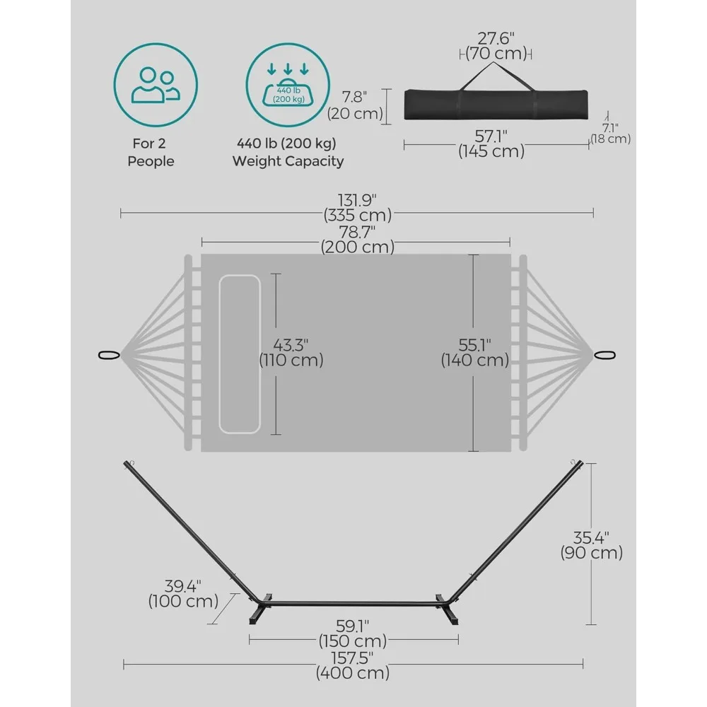 Rede com suporte, rede acolchoada com espalhadores de bambu curvos, travesseiro, 78,7 x 55,1 polegadas, rede acolchoada portátil segura