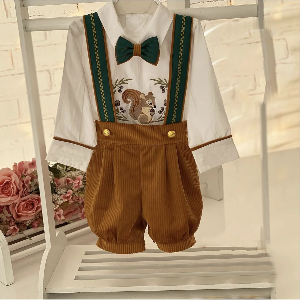 

Baby Boy Summer Autumn Squirrel Embroidery Vintage White Skirt Brown Shorts Set for Eid Casual Birthday Photography C34