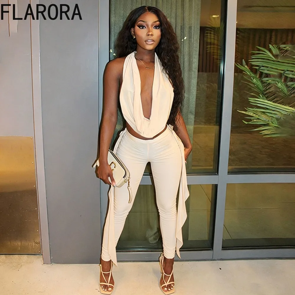 

FLARORA Sexy Halter 2 Piece Sets Woman Deep V Neck Sleeveless Backless Lace Up Top And Skinny Pants Outfits Fashion Streetwear