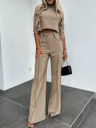 Traje elegante de oficina para mujer, conjunto de dos piezas de Color liso, Top corto informal y pantalones de cintura alta, Otoño, 2024