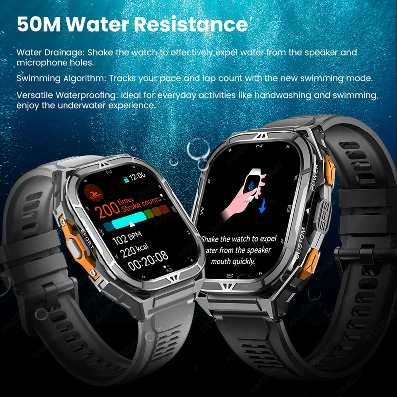 2025 Nuovo GPS Astuto Della Vigilanza Degli Uomini 1.96 pollici HD AMOLED Schermo Bussola Chiamata Bluetooth 5ATM Impermeabile Sport Astuto Della Vigilanza per Android iOS