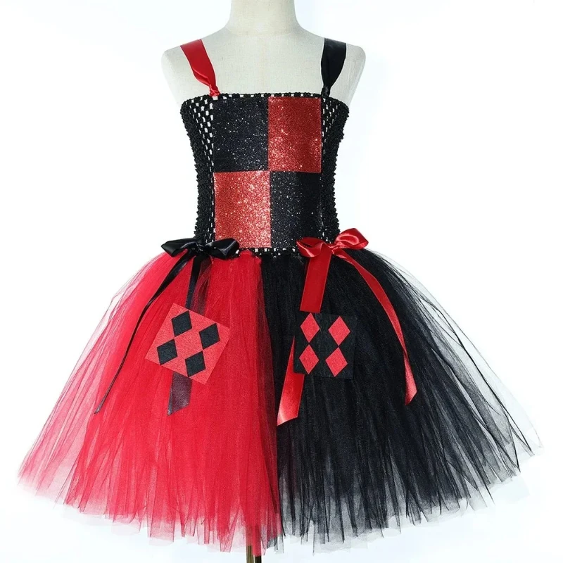 Red Black Clown Halloween Costume for Girls Circus Performance Fancy Dress for Kids Carnival Party Outfit Children Joker Clothes