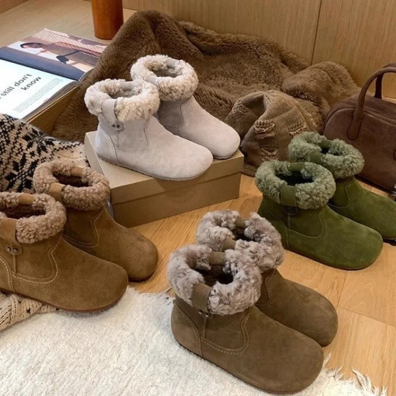 

Winter Women's Snow Boots 2025 Comfortable Non Slip Outdoor Flat Ankle Boots Retro Suede Leather Cowboy Cotton Boots Botas