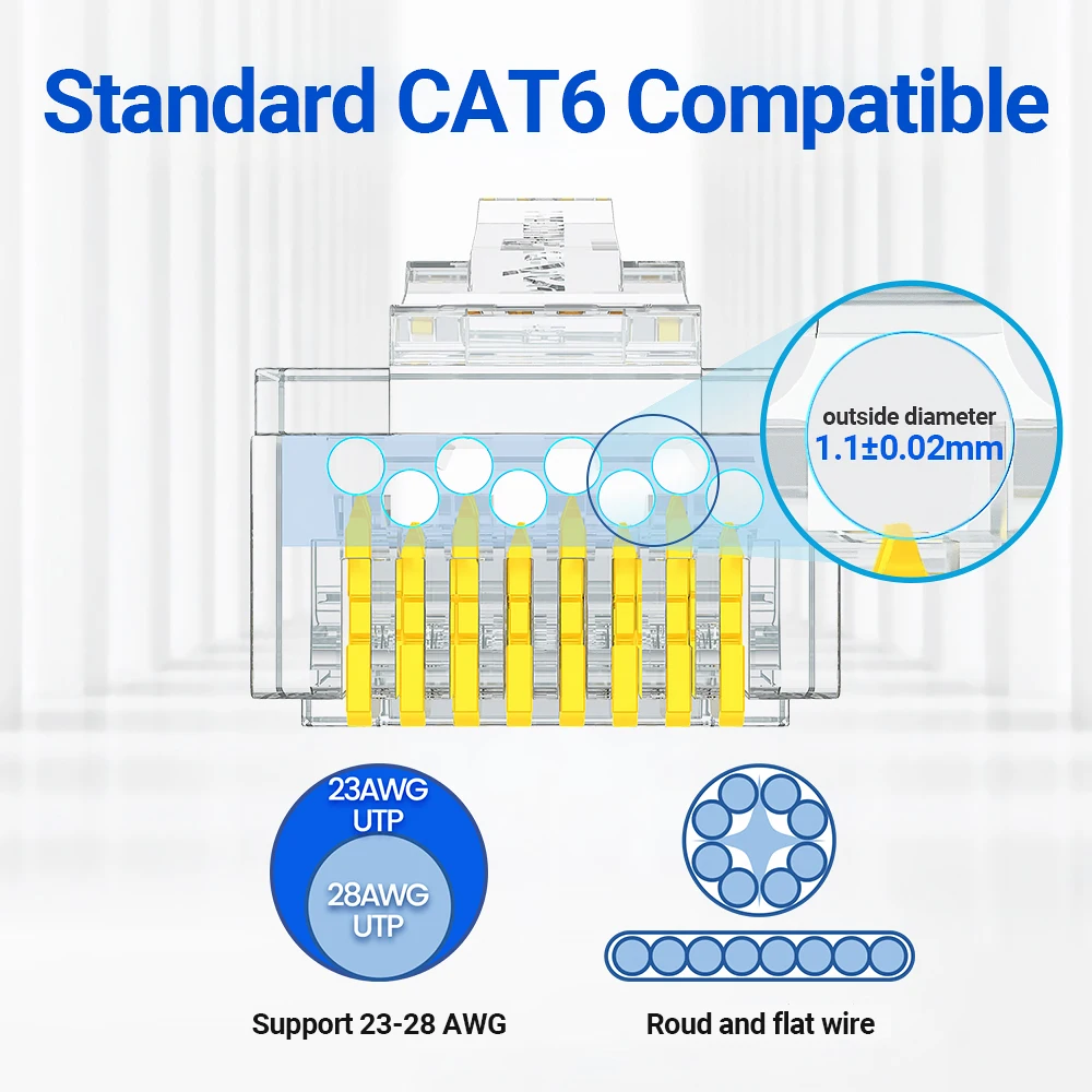 AMPCOM RJ45 Plug Cat6 Pass Through Connectors EZ to Crimp Modular Network Connector for Computer Hardware Stranded UTP Cable