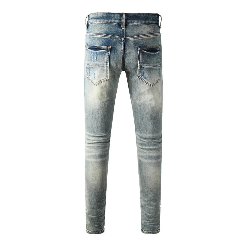 Y2KDesigner High Street Fashion Jeans Stretch Slimming Washed Light Blue Jeans Red Patched Hip Hop Brand Pants Hombre