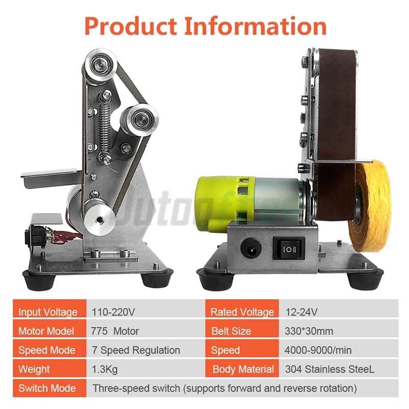 110V-220V Desktop Vertical Mini Belt Sander Electric Sanding Polishing Grinding Machine 7 Speed With Grinding Wheel 10PCS Belt