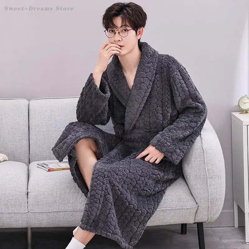 Thicken Coral Fleece Men's Long Robe Pajama Set Warm Sleepwear Autumn Winter New Flannel Bathrobe Kimono Loose Loungewear Pyjama