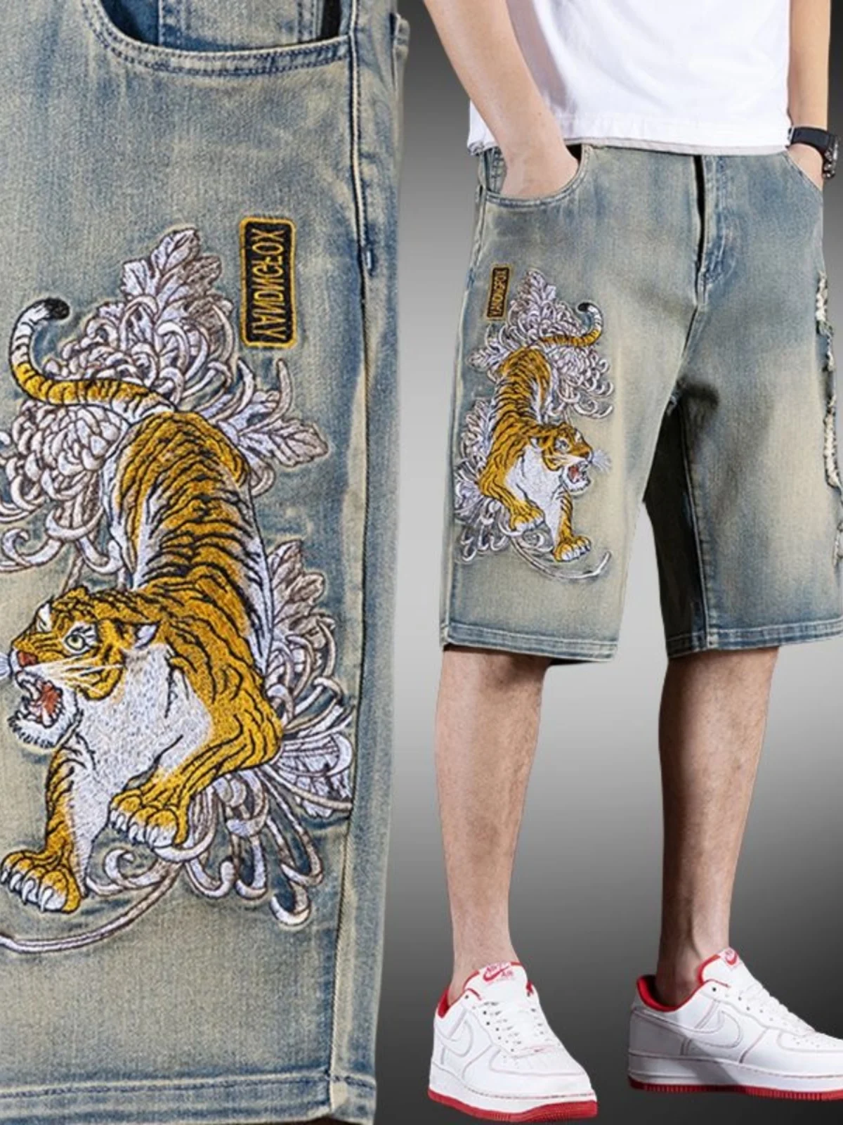 

Ele Embroidered Men's Denim orts Five-Quarter Length Straight Leg High Elastici Casual Summer Faion Tear-Worn Pants