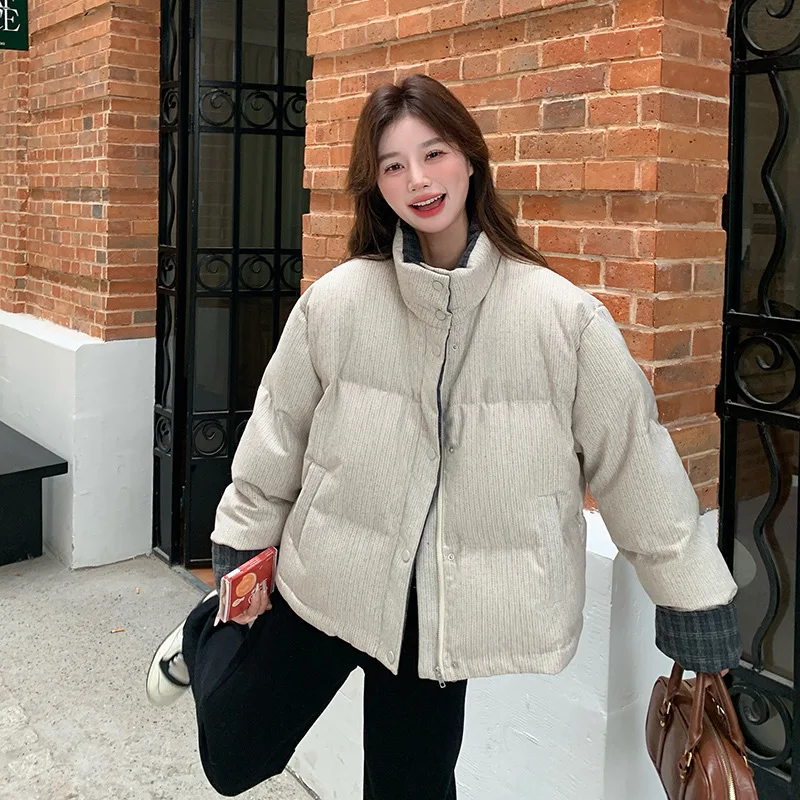 Damska kurtka puchowa na co dzień, uniwersalna, zimowa, nowa, w stylu koreańskim, retro, z pionowymi paskami, designerska, z wysokim kołnierzem, krótka.