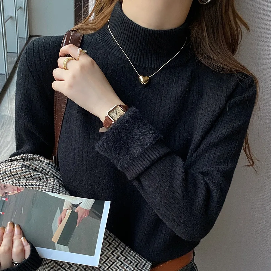 سترة محبوكة بلوفرات نسائية جديدة بأكمام طويلة ورقبة وهمية مبطنة بالصوف سترة نسائية علوية Sueters De Mujer Q1478 #5