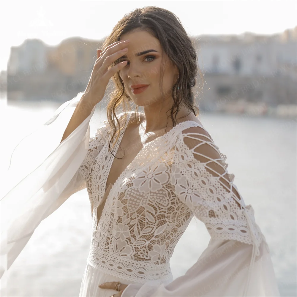 Vestidos de novia bohemios personalizados, gasa con cuello en V, línea A de encaje, manga larga, volantes escalonados, espalda abierta, vestidos de fiesta