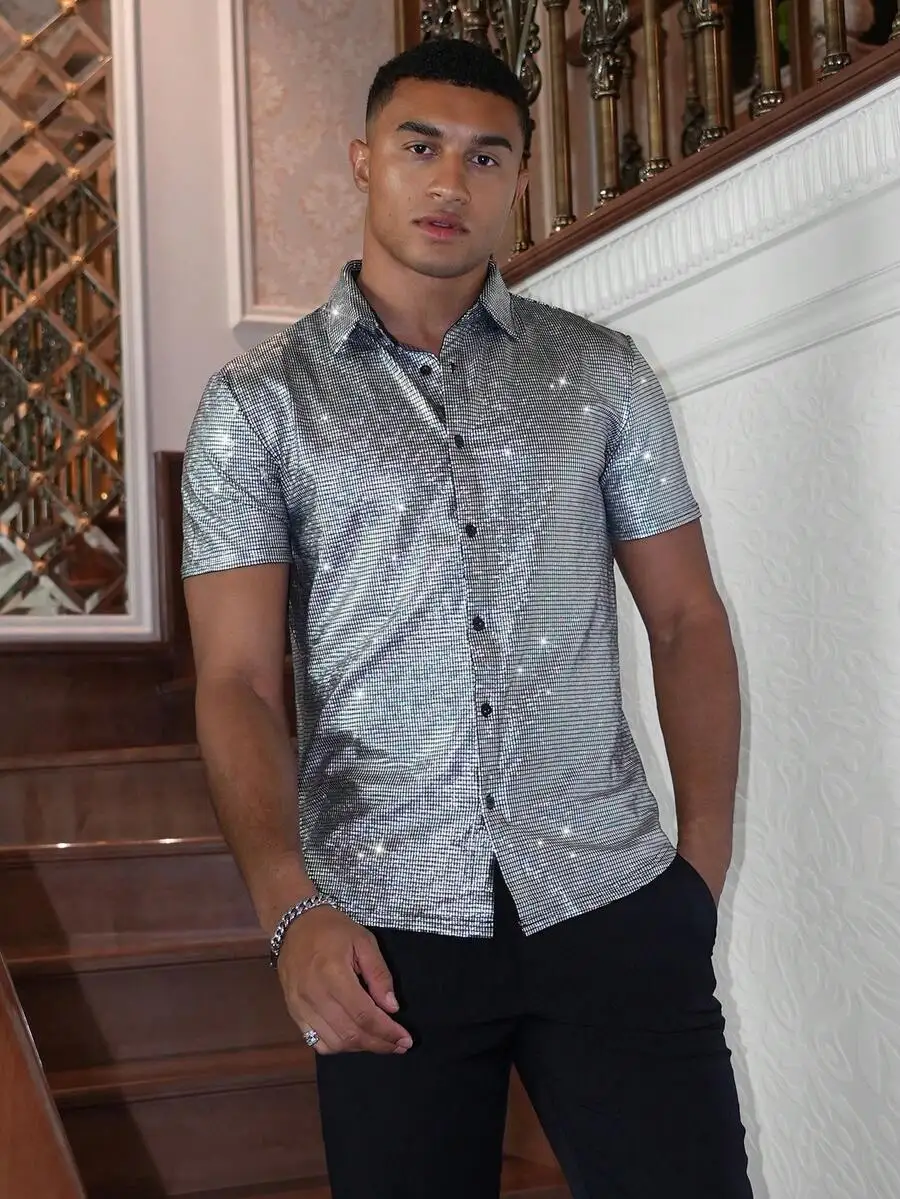 

Men's Short Sleeve Button-Front Shirt with Sparkly Sequin Weave for Party