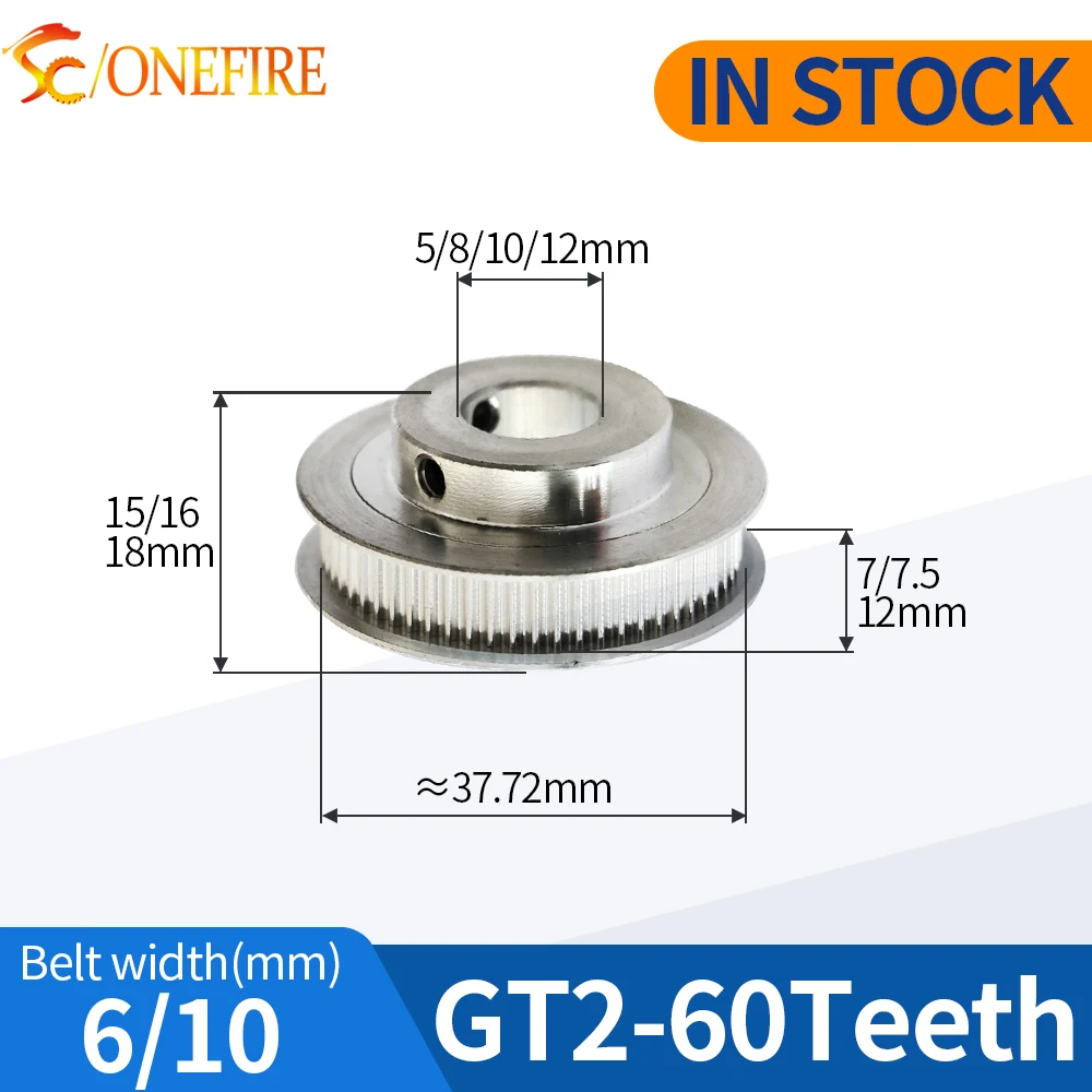 

GT2 60 Teeth 2M 2GT Aluminium Timing Pulley Bore 5/8/10/12mm for GT2 Open Synchronous belt width 6/10mm Gear 60Teeth 60T