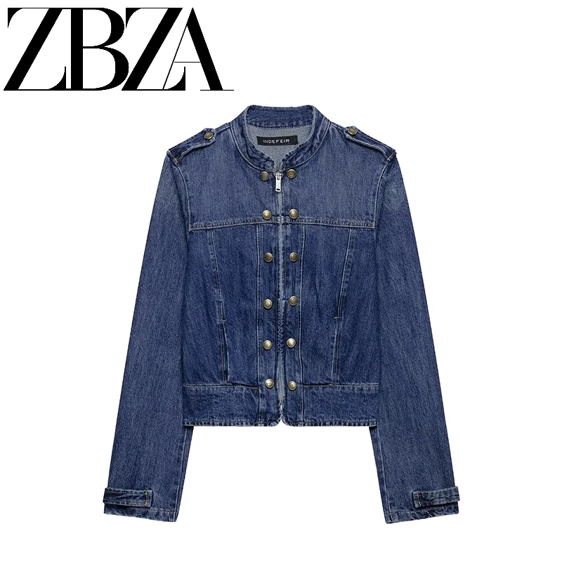 Summer New ZR Women's Fashionable Denim Buckle Button Jacket Outerwear Standard Fit Polyester Long Sleeve Regular Length