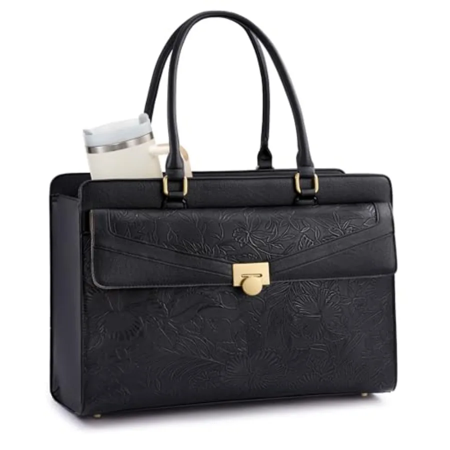 

LOVEVOOK Laptop Tote Bag for Women - PU Leather Vintage Work Tote Bag, Waterproof Business Teacher Bag with Large Cup Holder