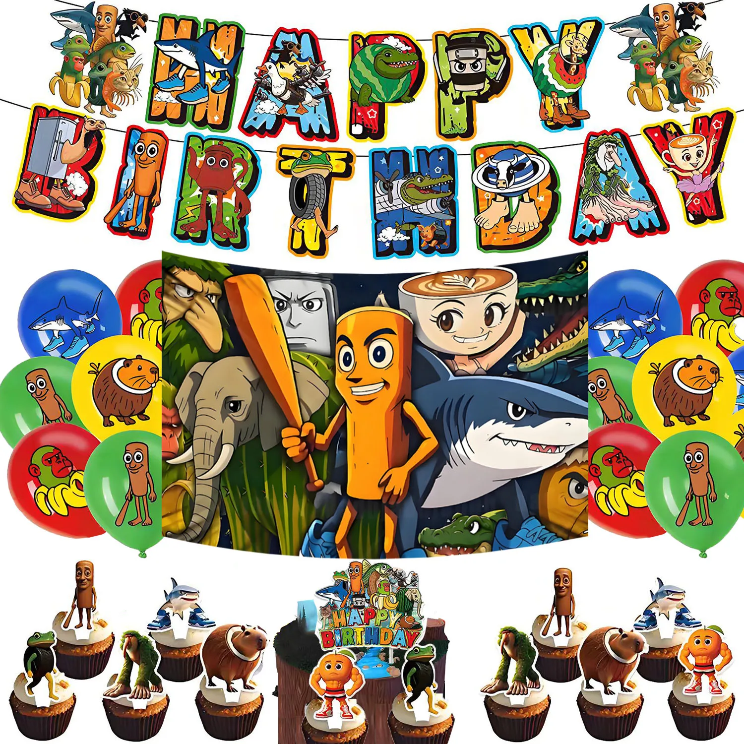 

Tung Tung Sahur Tralalo Theme Kids Birthday Party Decorations Game Brainrot Banner Background Balloons Baby Gifts Party Supplies