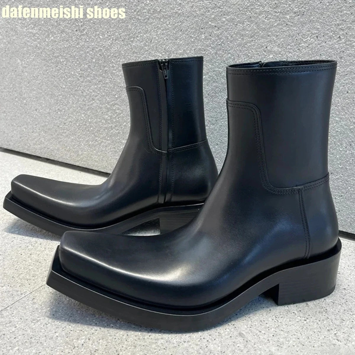 Mid Tube Square Toe Thick Heeled Boots for Women Side Zippers Black Platform Soles Men\'s and Women\'s Chelsea Leather Boots