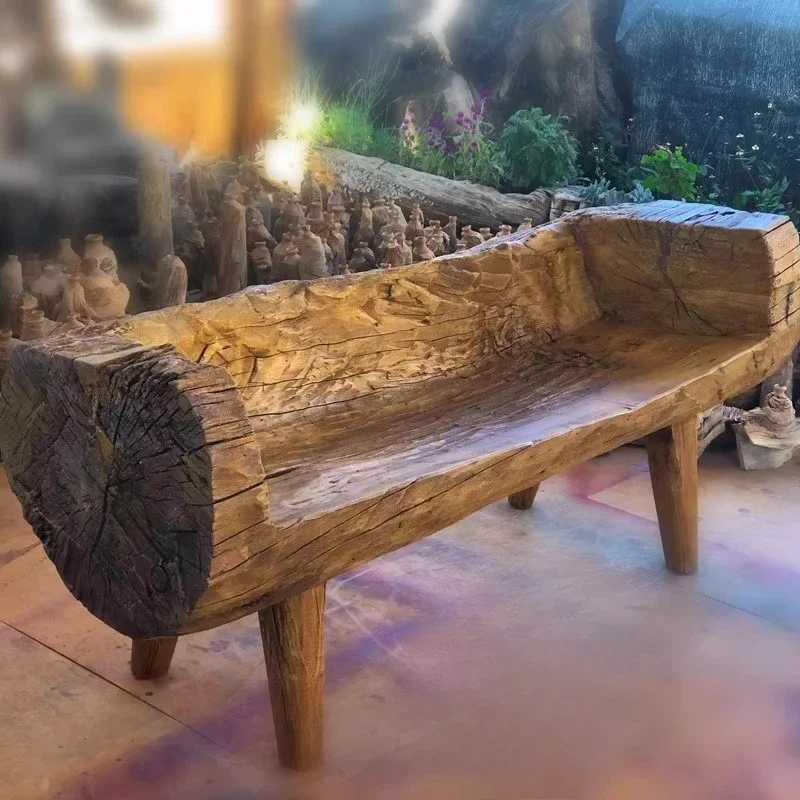 

Living room log double stool retro Chinese tea room master chair outdoor solid wood bench home