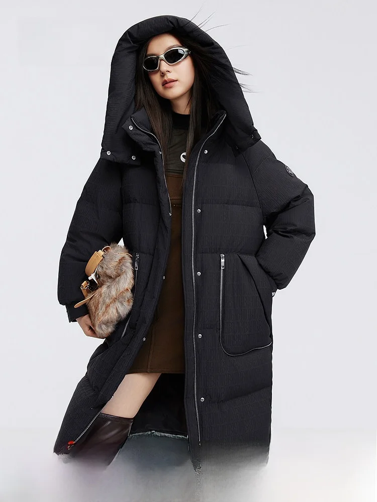 

Зимняя женская удлиненная куртка Bosideng 2025 с капюшоном, утепленная, повседневная, серия Black Gold, функциональная, из полиэстера